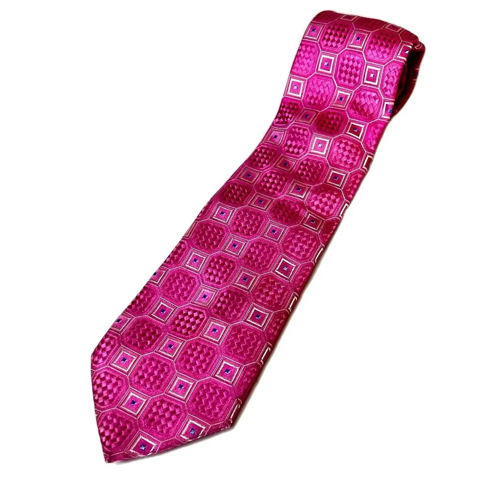 Eagle Shirtmakers Men's Pink Geometric Print 100% Silk Vintage Tie